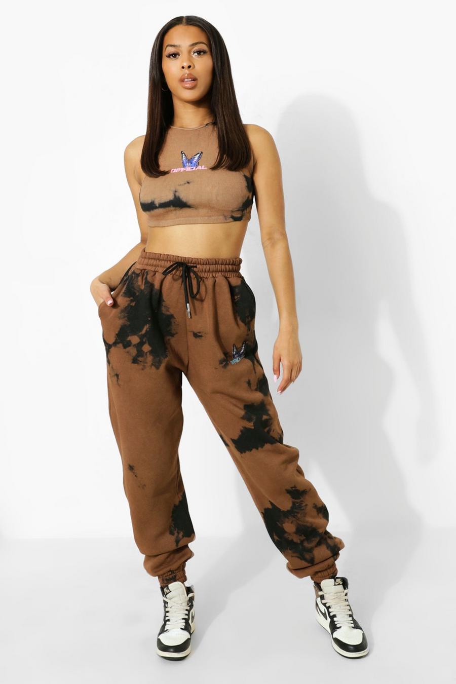 Brown Tie Dye Butterfly Print Joggers image number 1