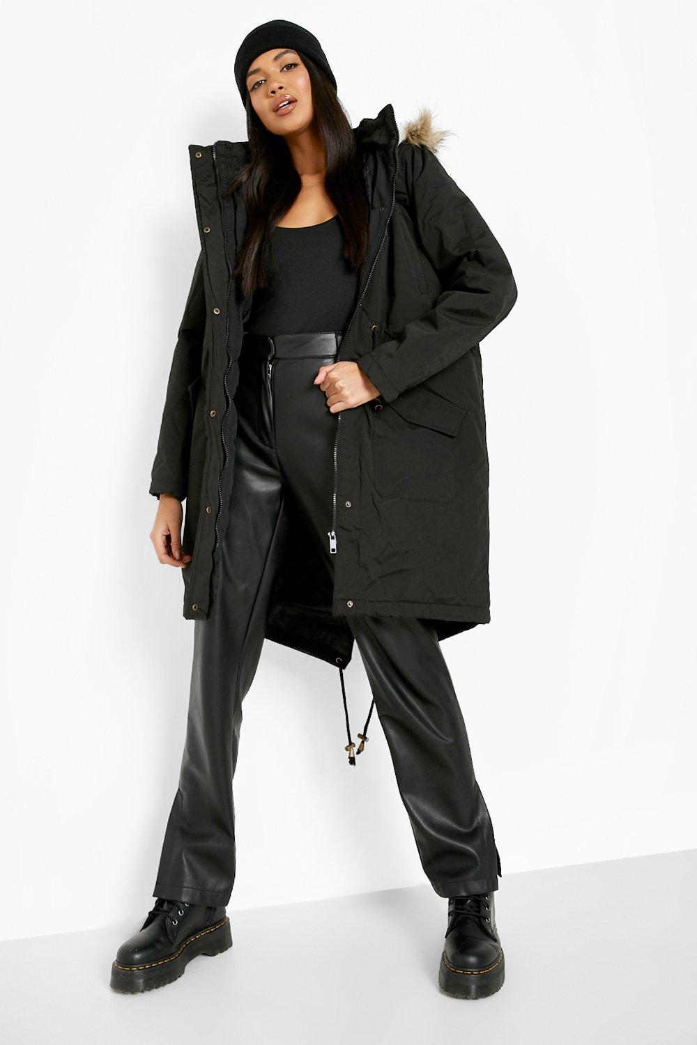 Boohoo black coat with fur hood deals