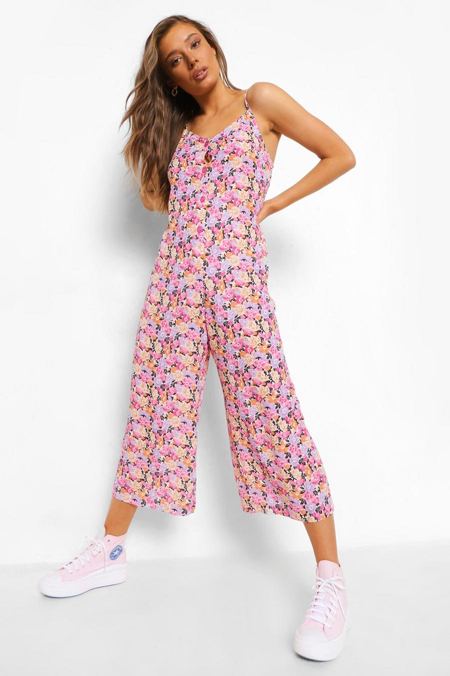Womens Clothing Jumpsuits and rompers Full-length jumpsuits and rompers Boohoo Broderie Strappy Culotte Jumpsuit in Black 