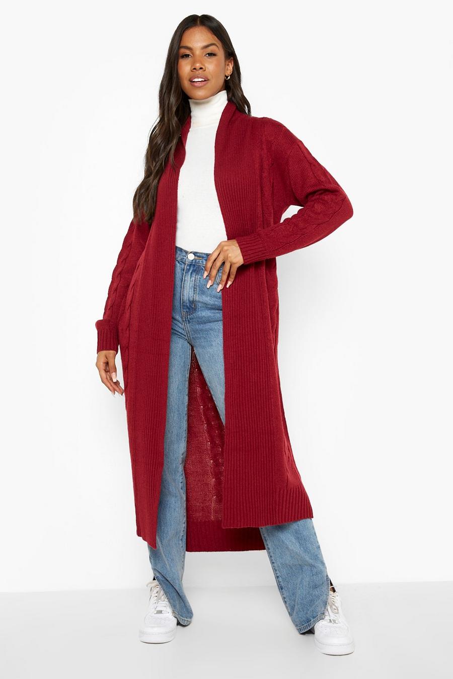 Dark red rouge Cable Knit Maxi Cardigan