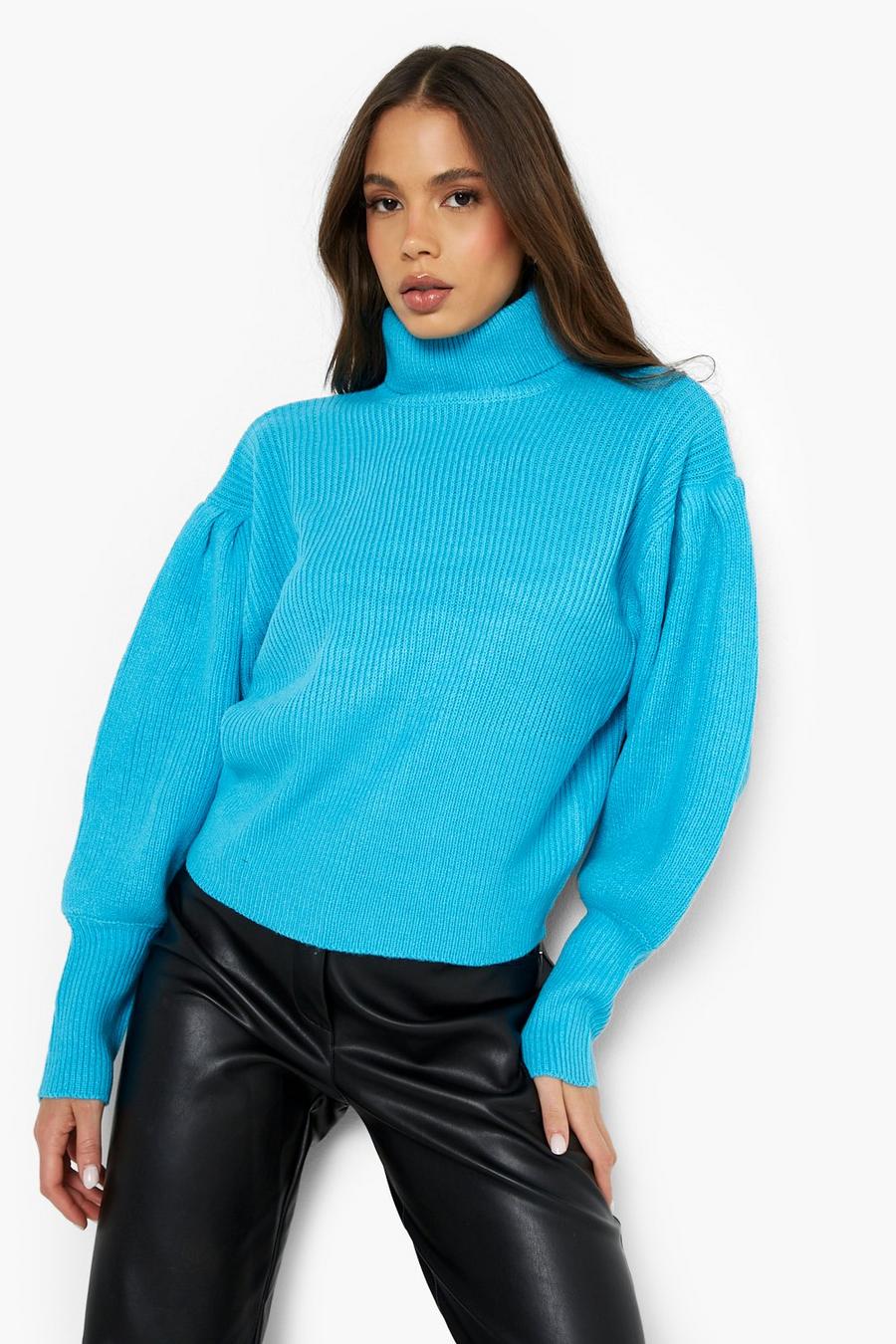 Turquoise blue Balloon Sleeve Turtleneck Sweater