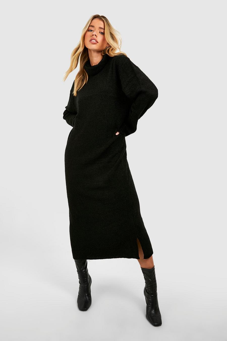 Black Cowl Neck Midi Knitted Dress image number 1