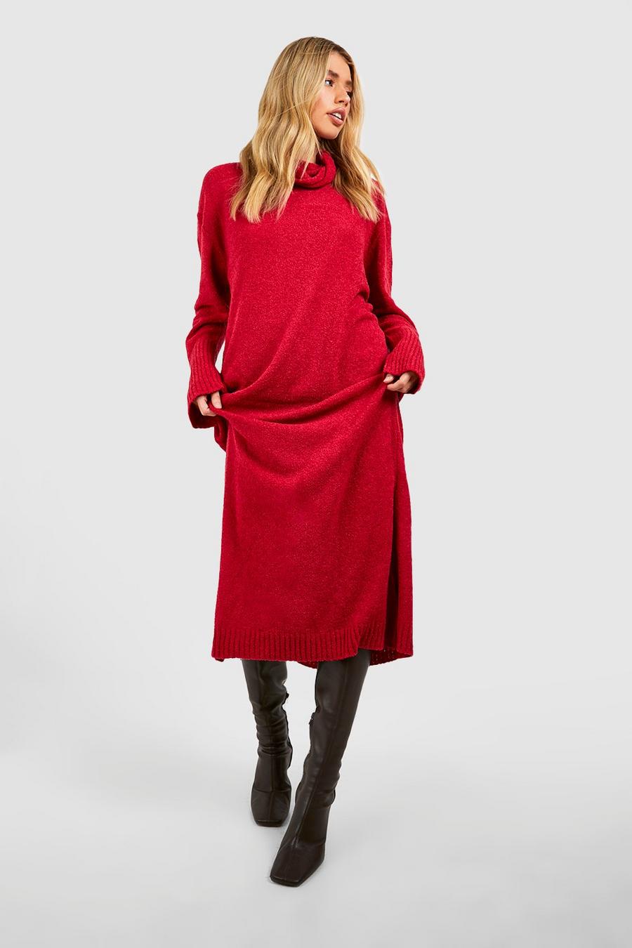 Dark red Cowl Neck Midi Knitted Dress