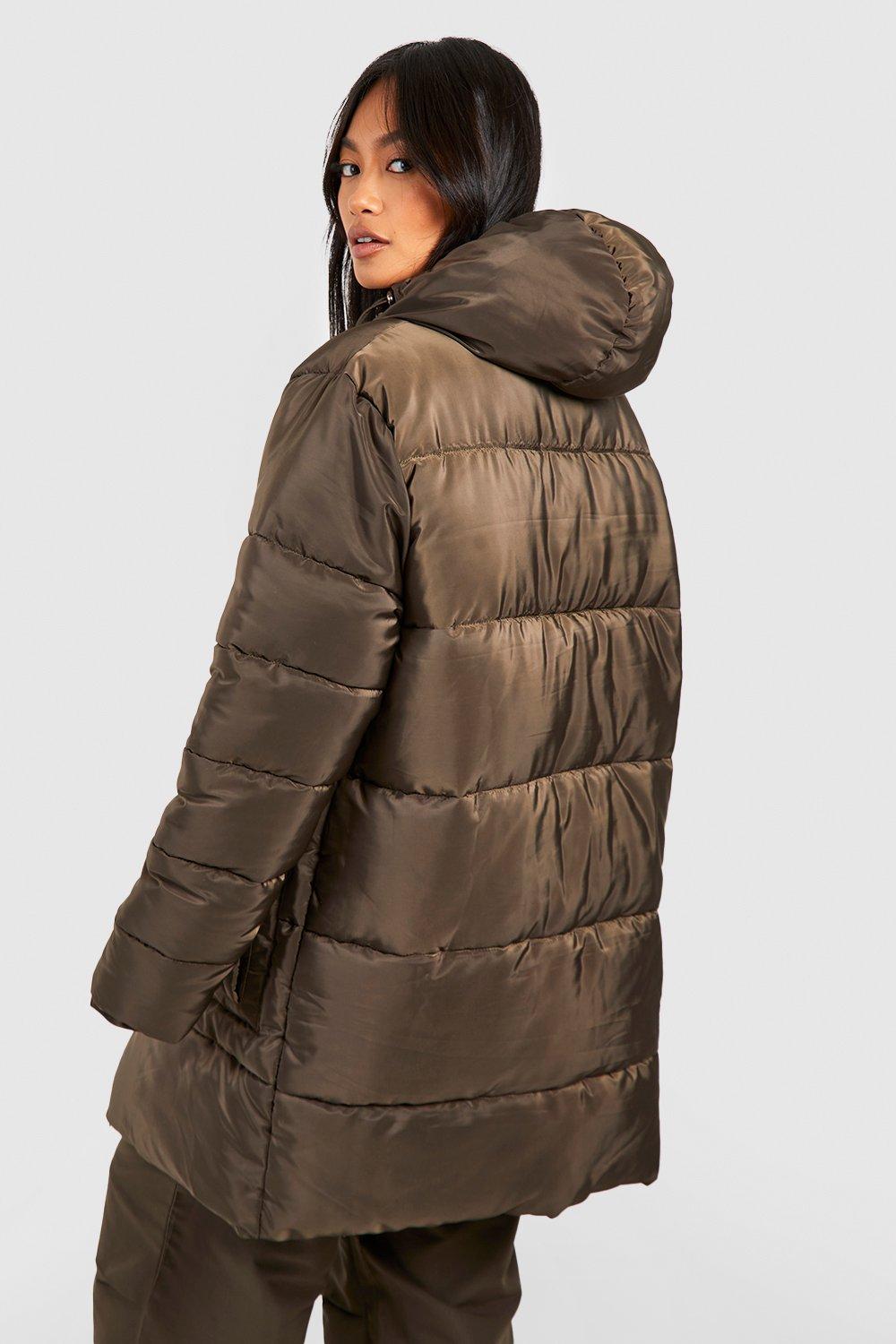 Khaki puffer clearance jacket fur hood