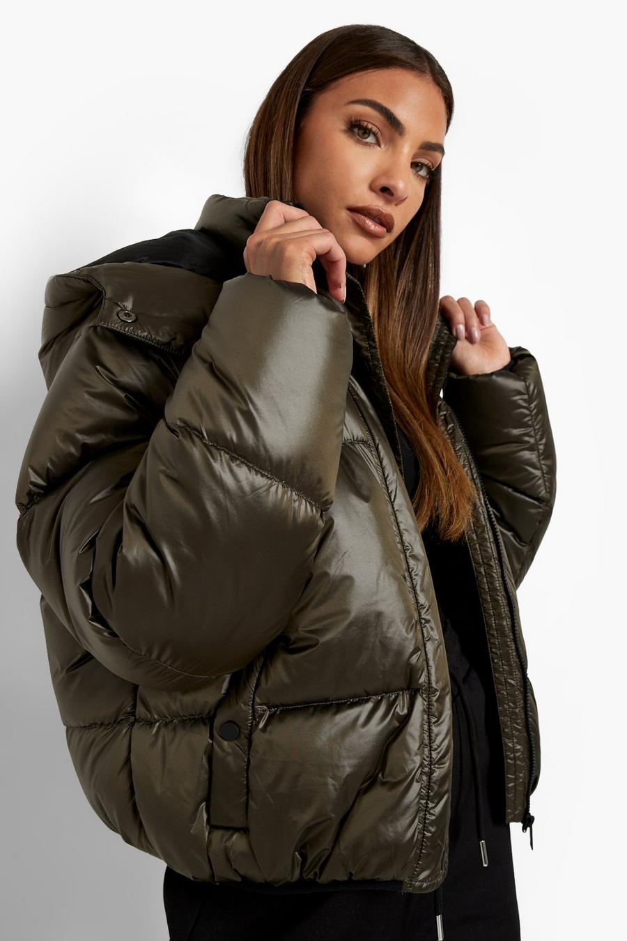 Khaki Oversized Matte Shine Puffer image number 1