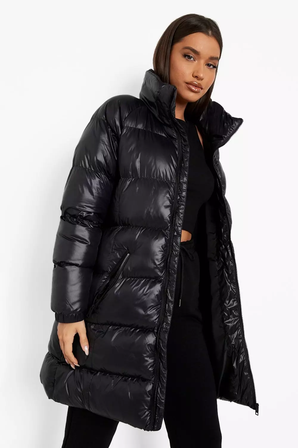 Matte black puffer store jacket women's