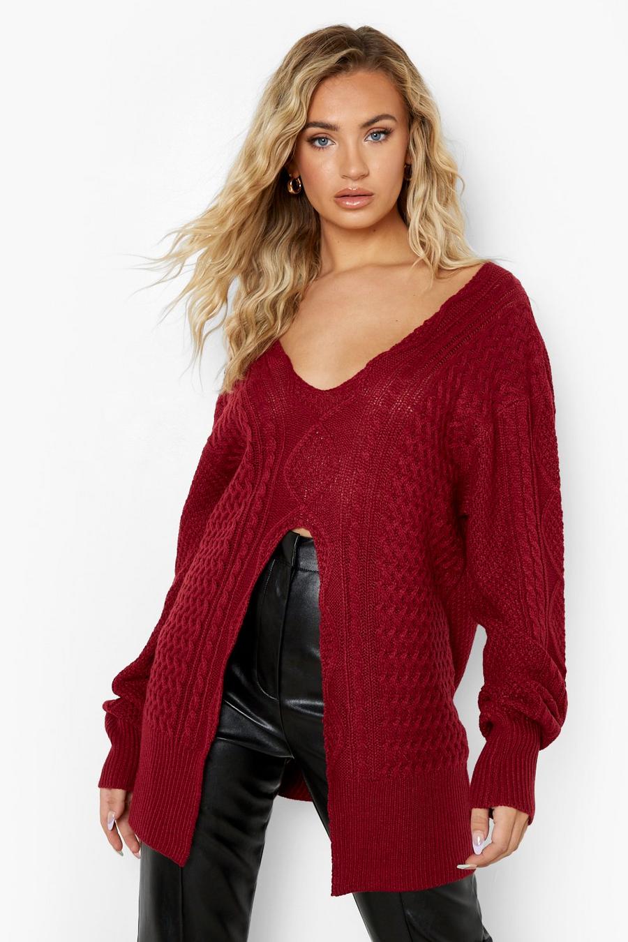 Dark red Split Detail Cable Knitted Jumper