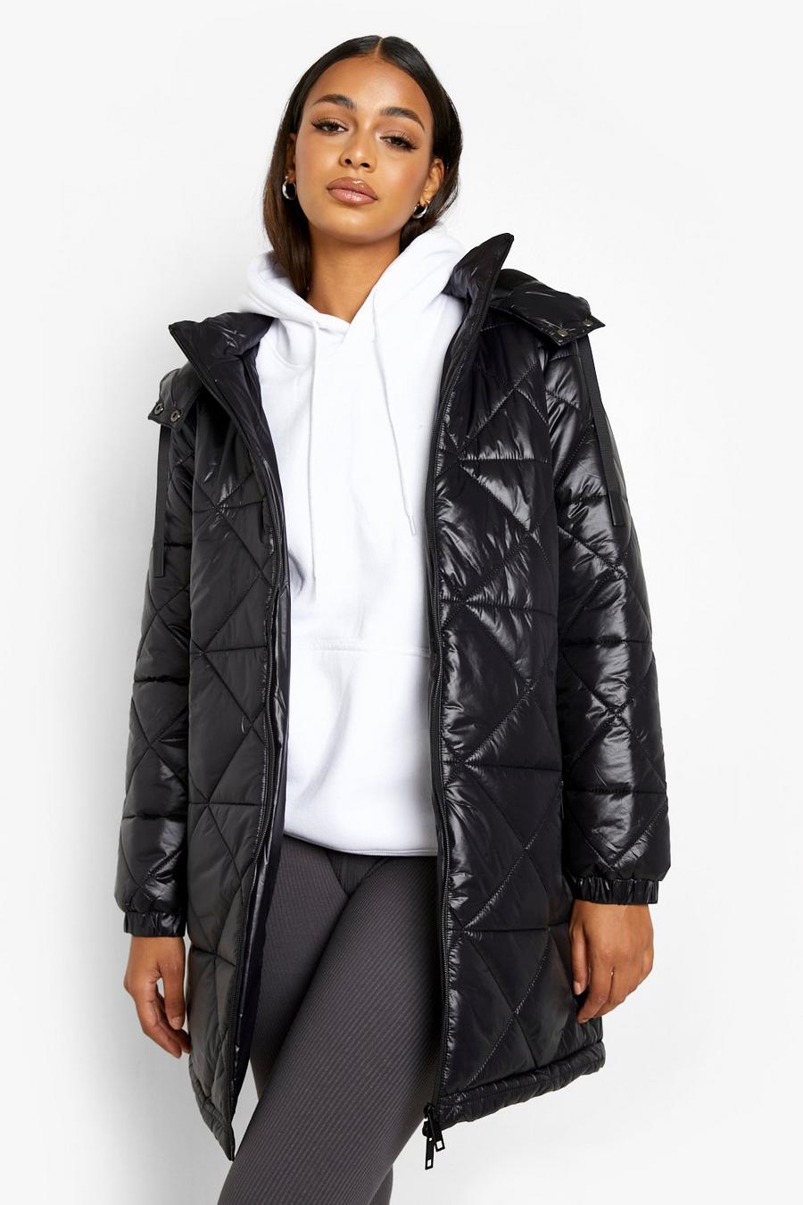 Black High Shine Quilted Longline Puffer Jacket image number 1