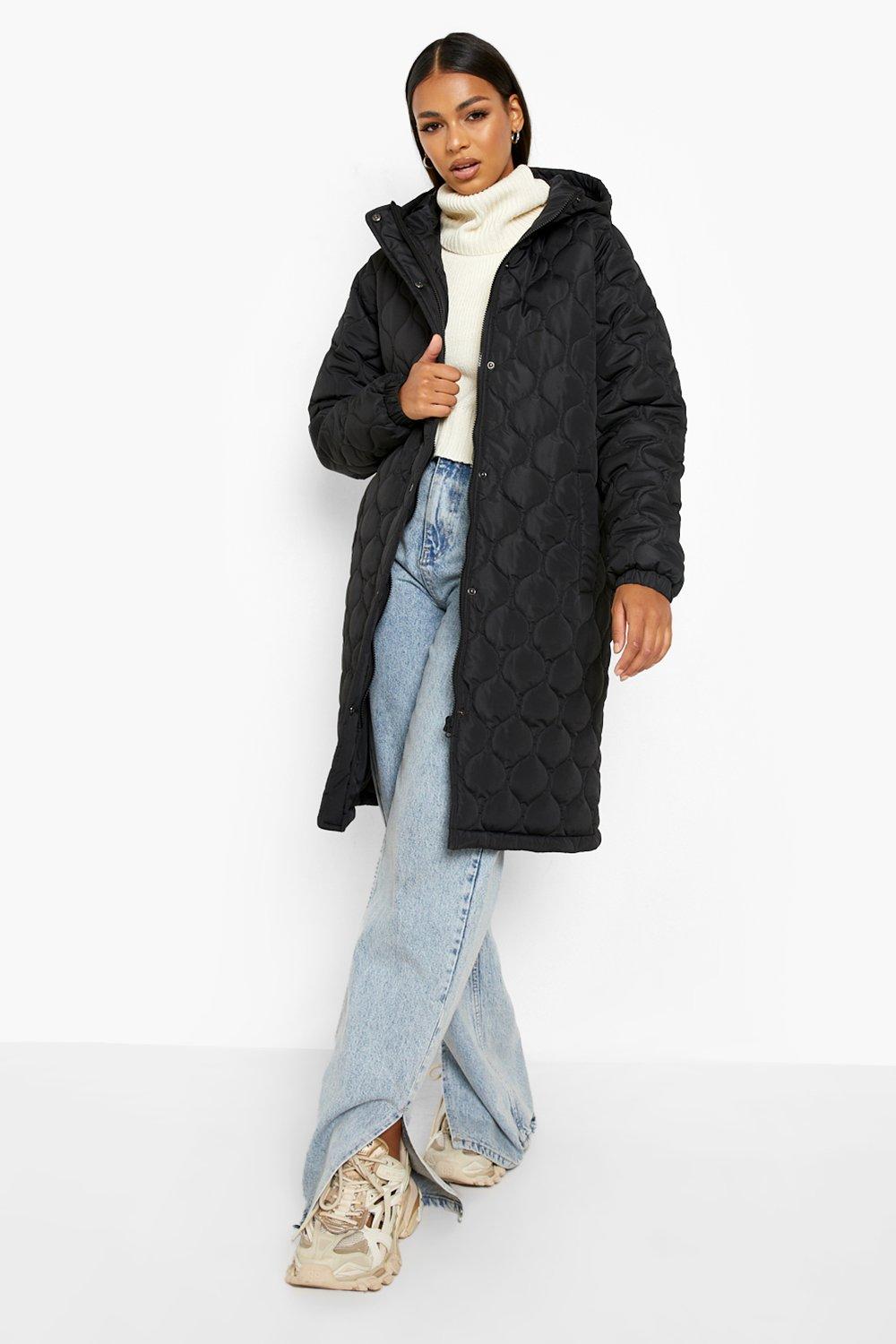 Boohoo longline padded coat outlet with hood in black