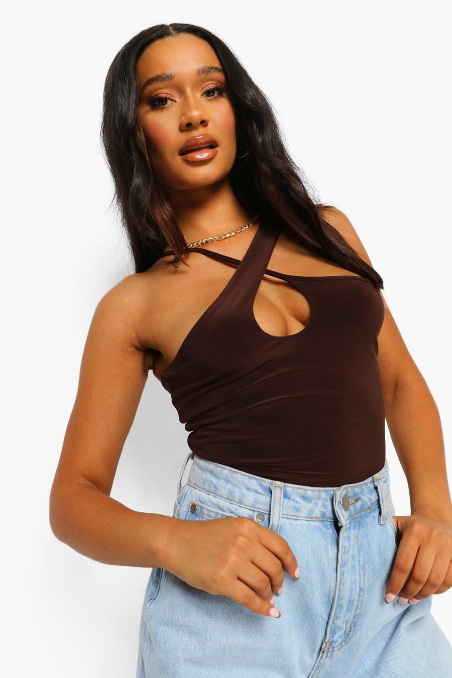 Chocolate Double Layer Cross Neck Bodysuit image number 1
