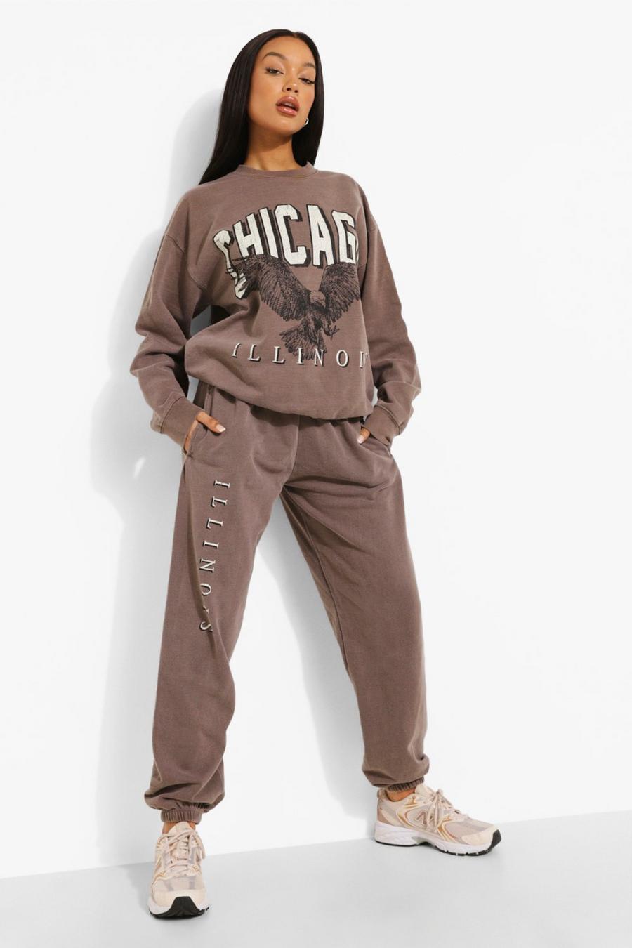 Brown Overdyed Chicago Print Tracksuit image number 1