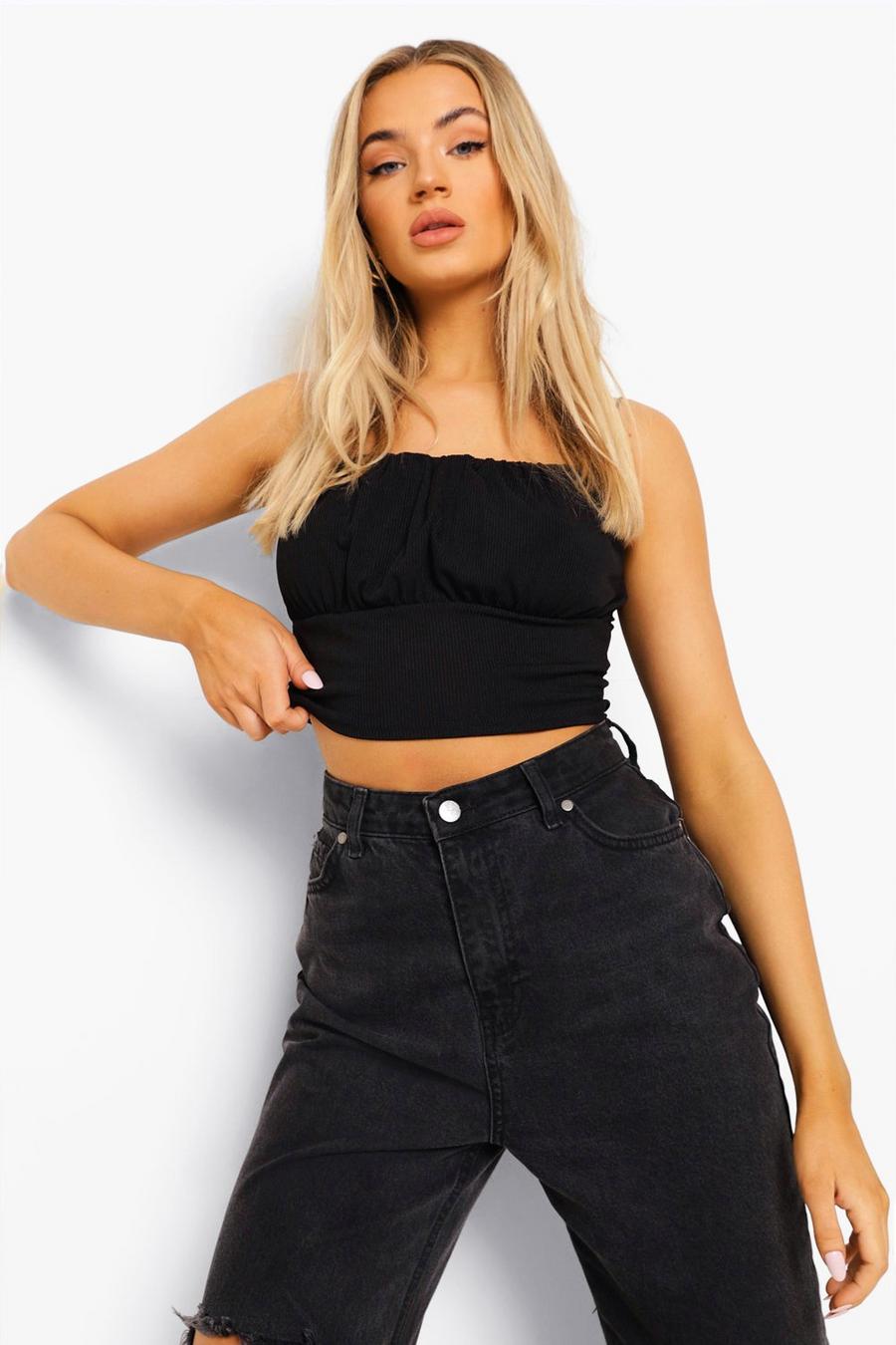 Black Ruched Front Rib Crop Top image number 1