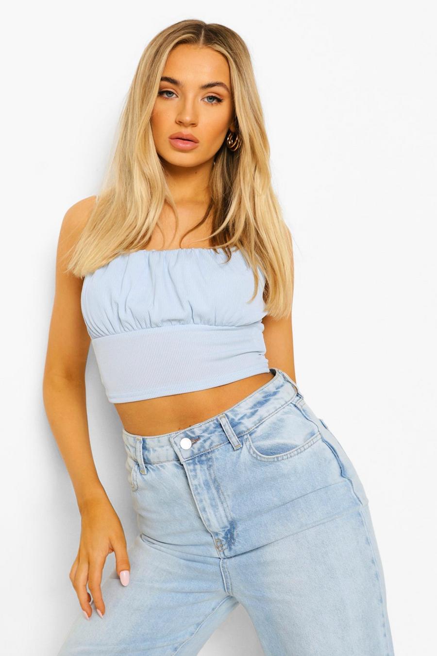 Pale blue Ruched Front Rib Crop Top image number 1