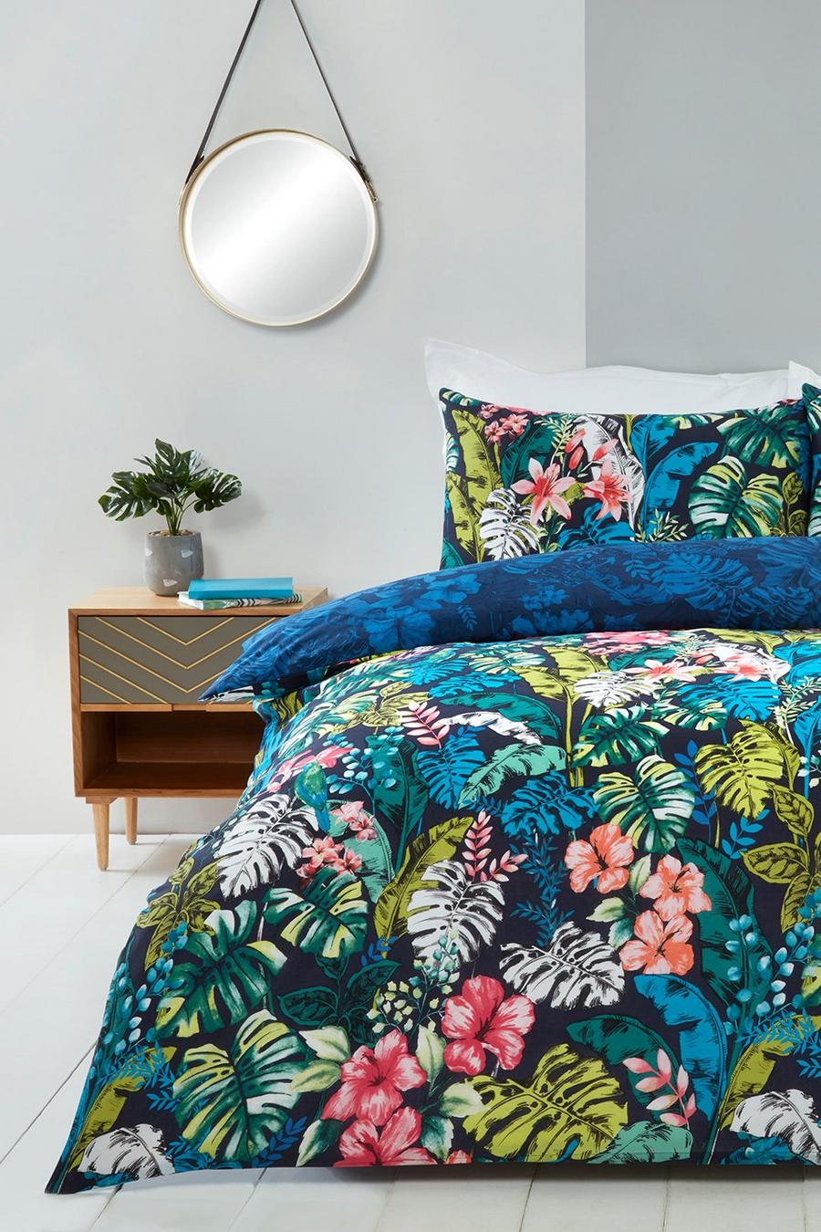Bettwäsche-Set mit tropischem Dschungel-Print, Einzelbett, Marineblau image number 1