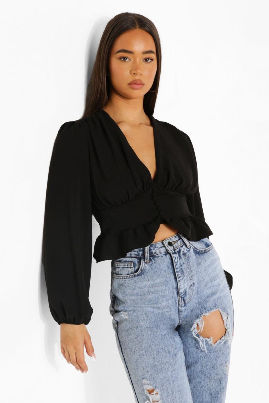 Black Button Up Peplum Blouse image number 1