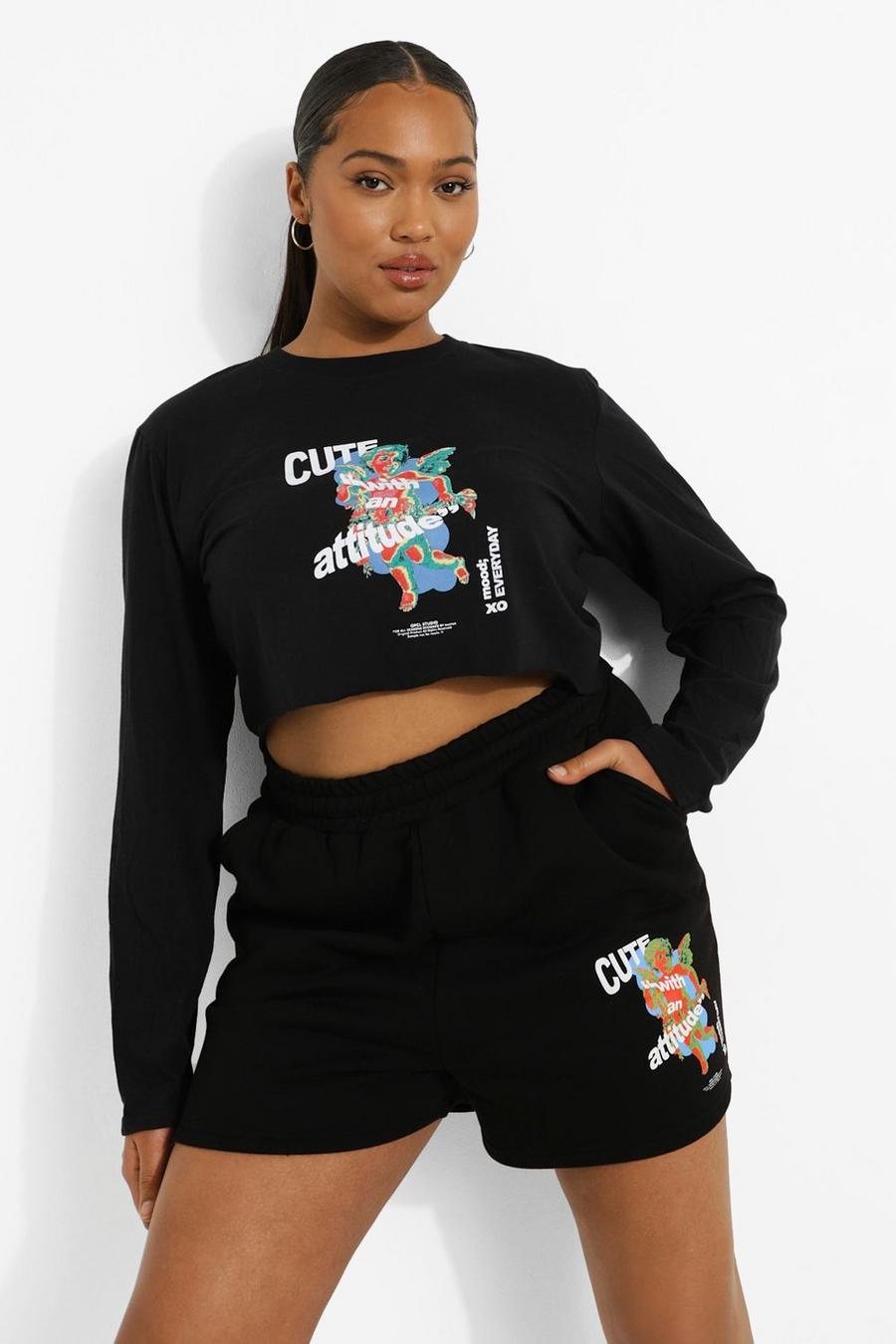 Plus Crop T-Shirt mit Cupid-Grafik, Schwarz image number 1