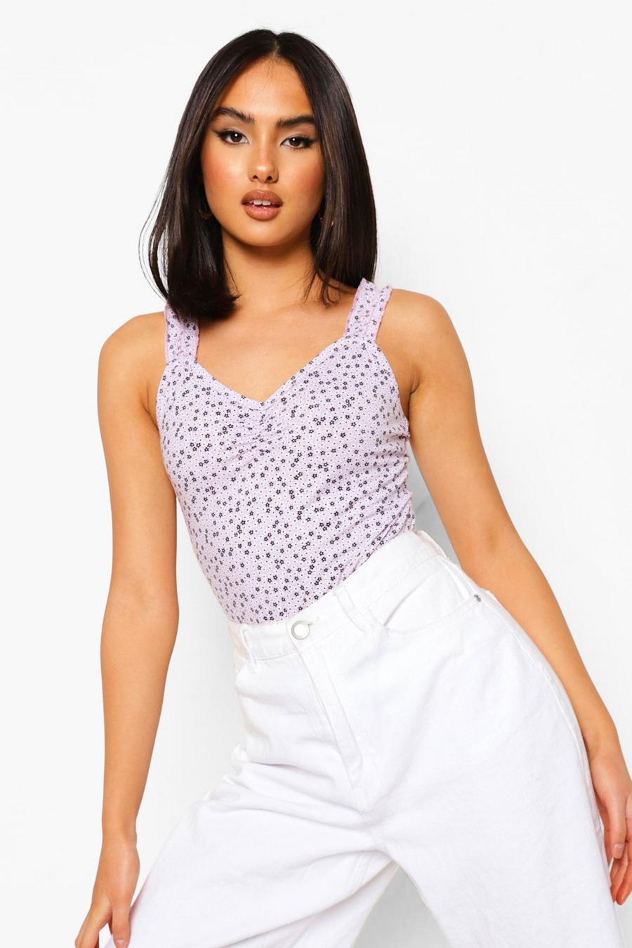 Lilac Ditsy Floral Ruffle Strap Bodysuit image number 1