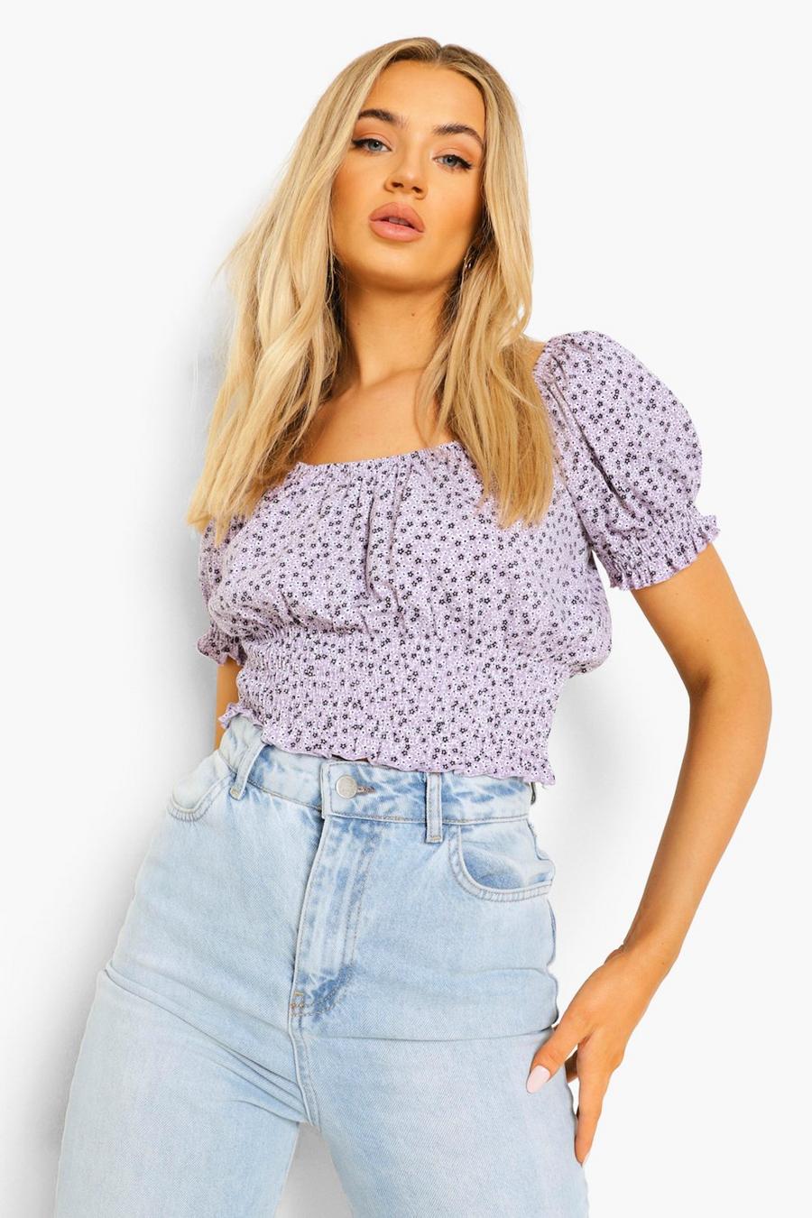 Lilac Ditsy Floral Puff Sleeve Crop Top image number 1