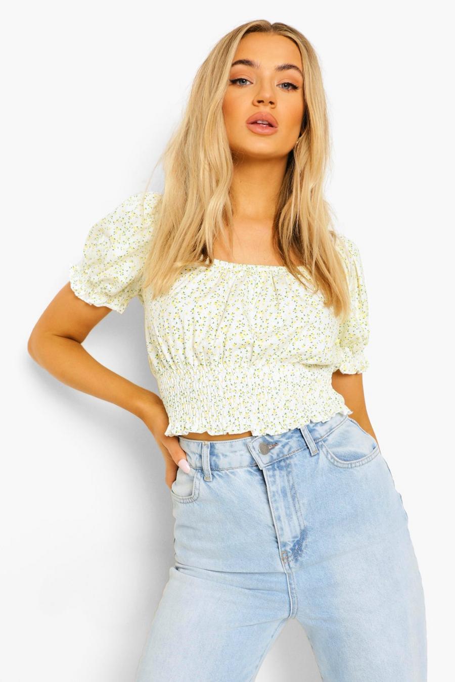 Yellow Ditsy Floral Puff Sleeve Crop Top image number 1