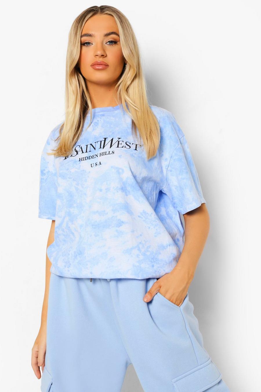 Blue "Ye Saint West" Oversize t-shirt med batikmönster image number 1