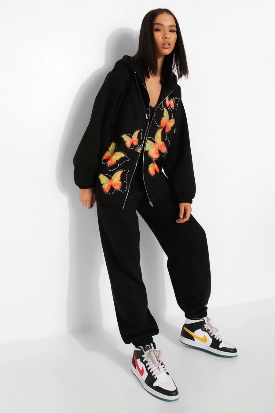 Black Oversize hoodie med fjärilar och dragkedja image number 1