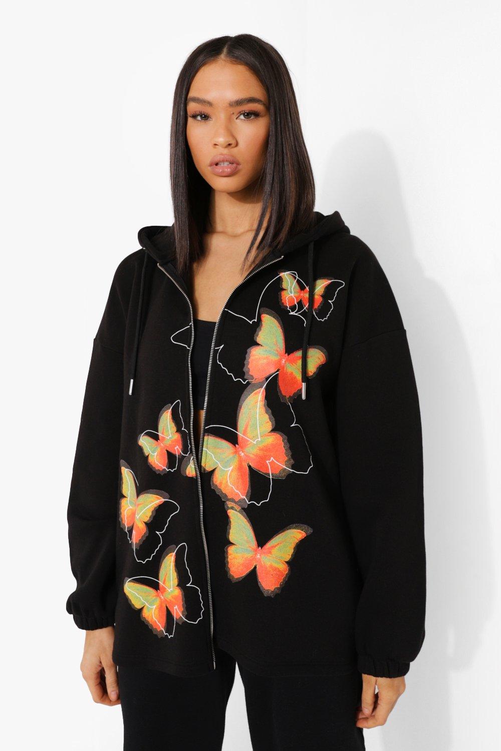 Butterfly Print Zip Through Oversized Hoodie