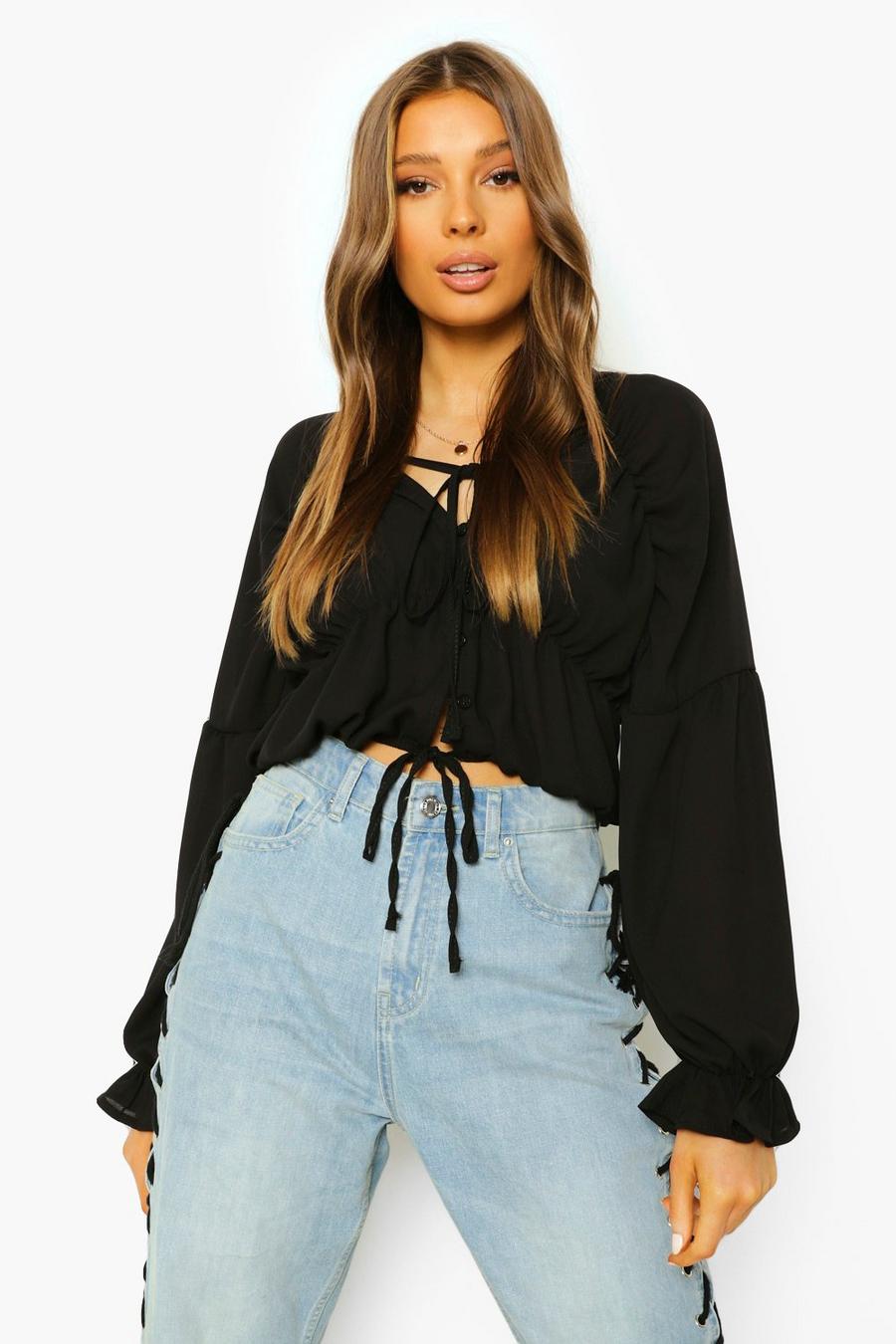 Black Ruched Chiffon Blouse image number 1