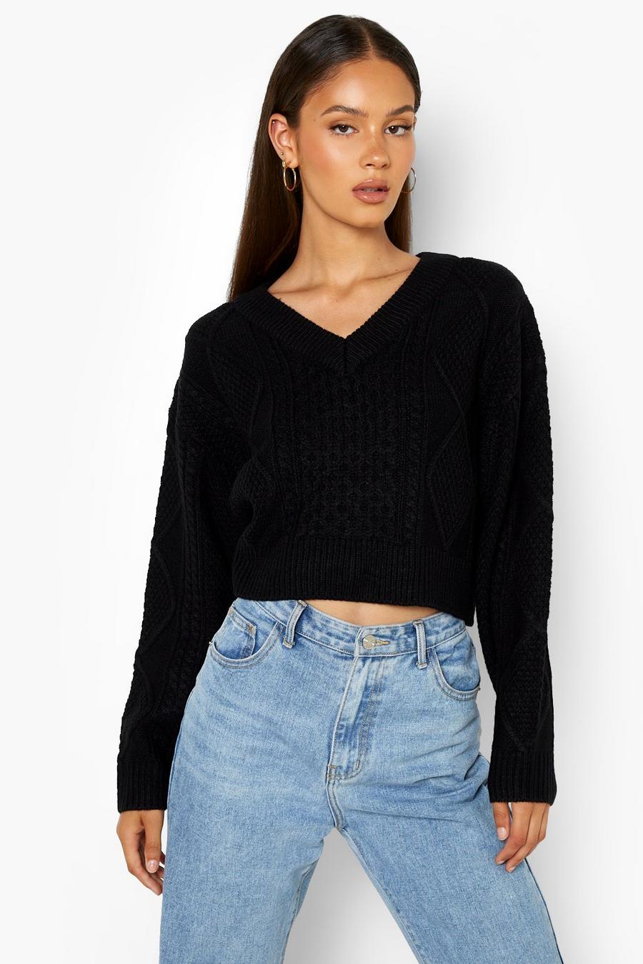 Black Tie Back Cable Knit Crop Sweater image number 1
