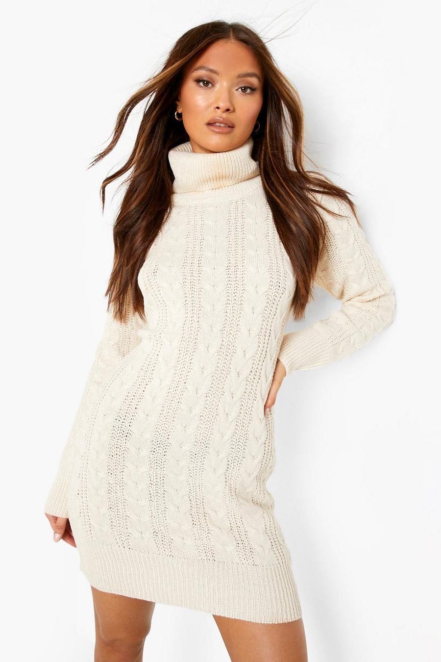 Cream Roll Neck Cable Knitted Jumper Dress image number 1