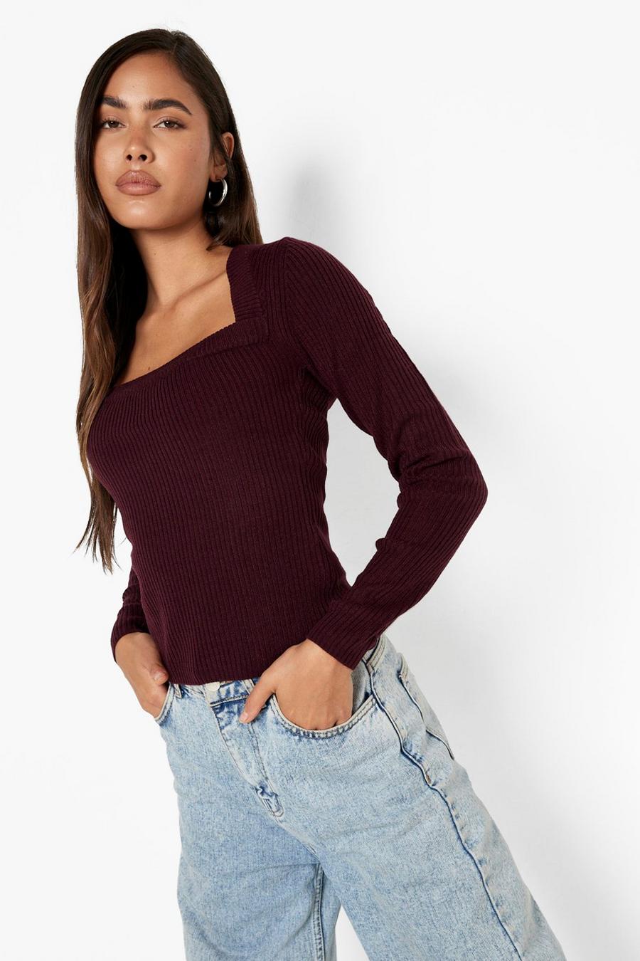 Berry red Square Neck Rib Knitted Jumper