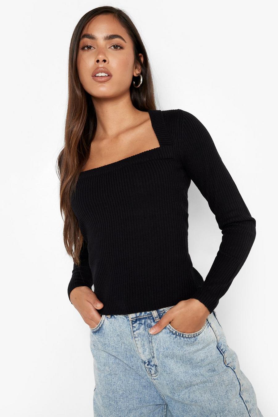Black Square Neck Rib Knitted Sweater image number 1