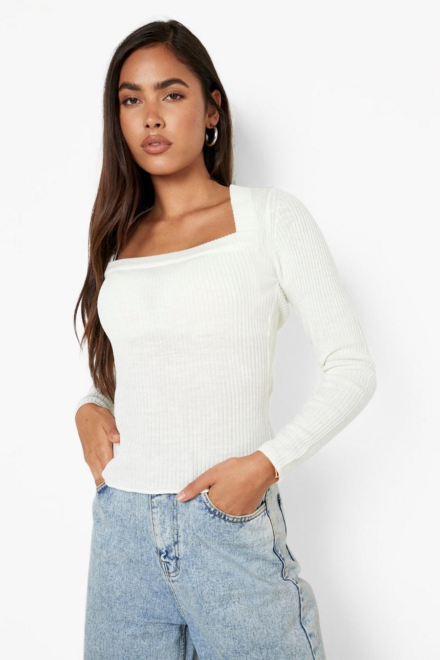 Cream Square Neck Rib Knitted Sweater image number 1