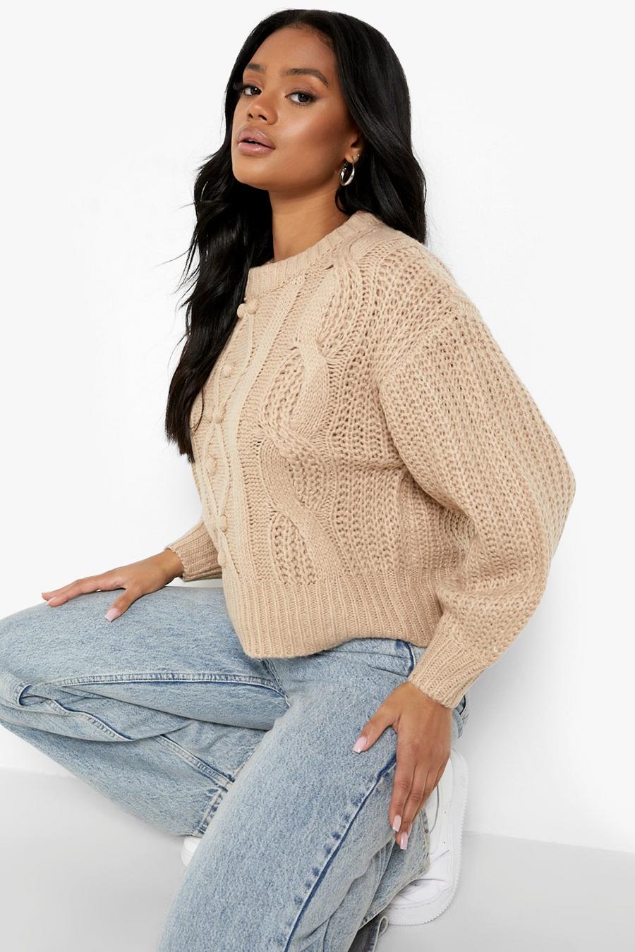 Beige Cable Bobble Knit Sweater image number 1