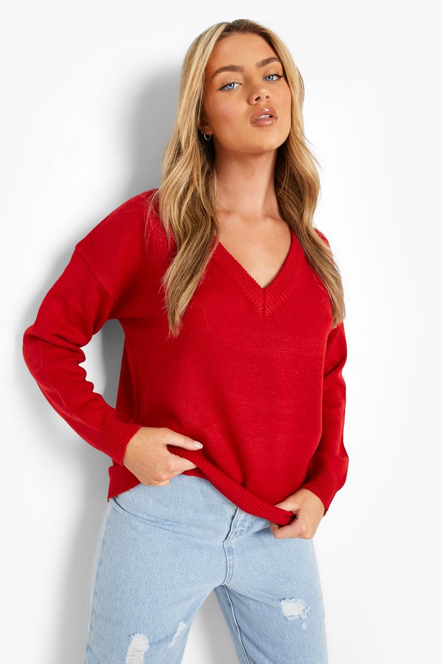 Red Oversized V Neck Sweater image number 1