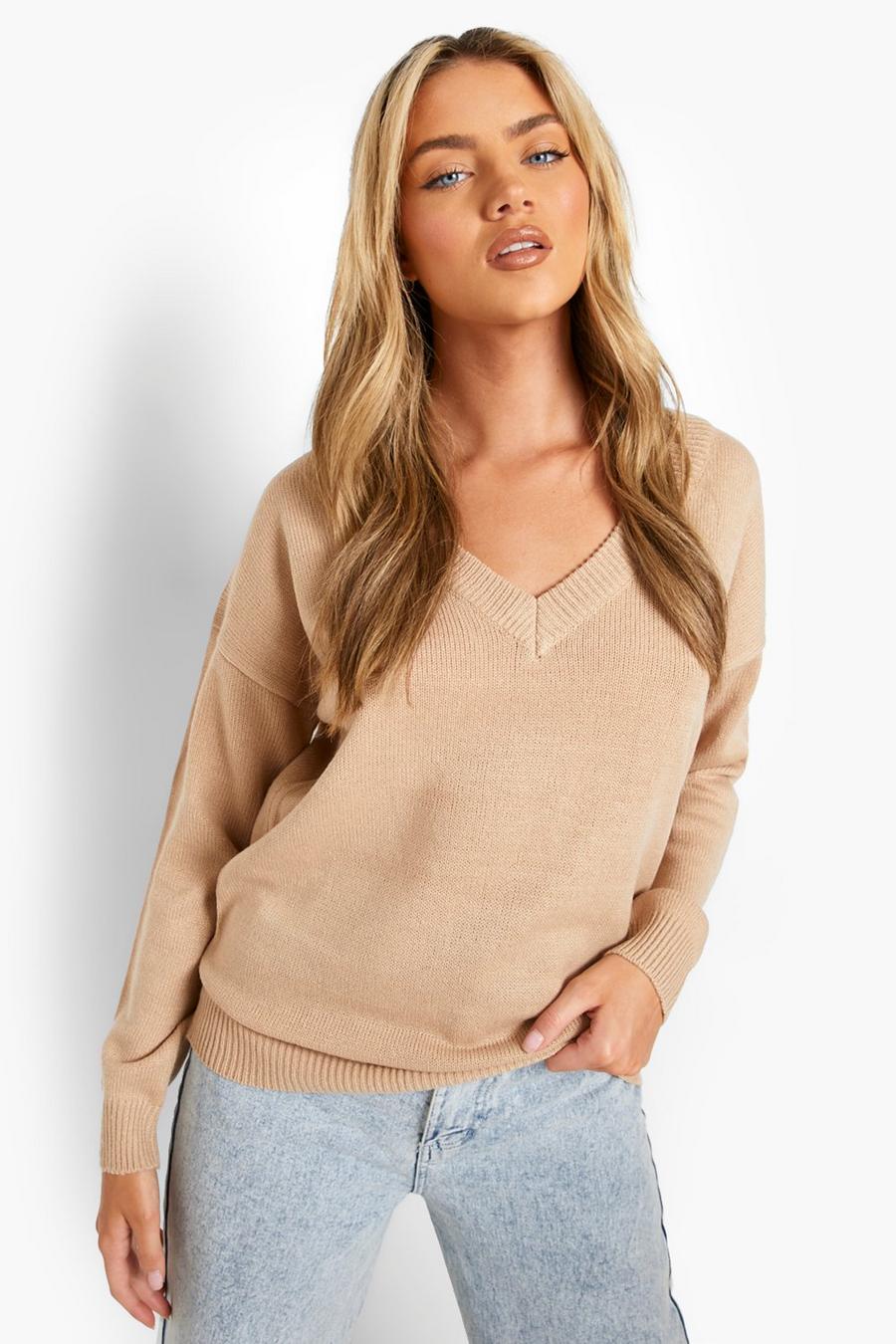Oversize Pullover mit V-Ausschnitt, Taupe image number 1