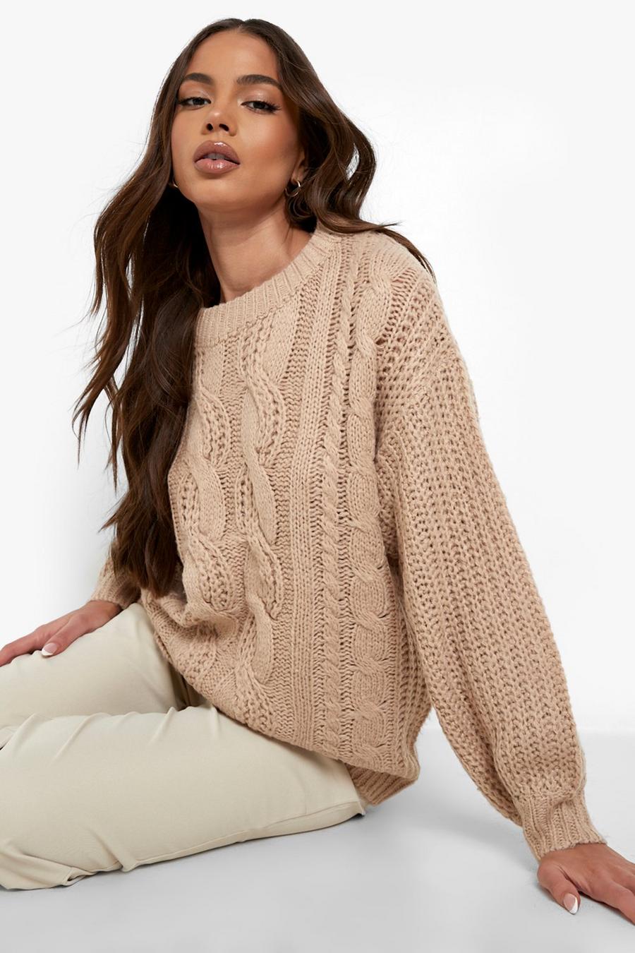 Beige Chunky Cable Knitted Jumper image number 1