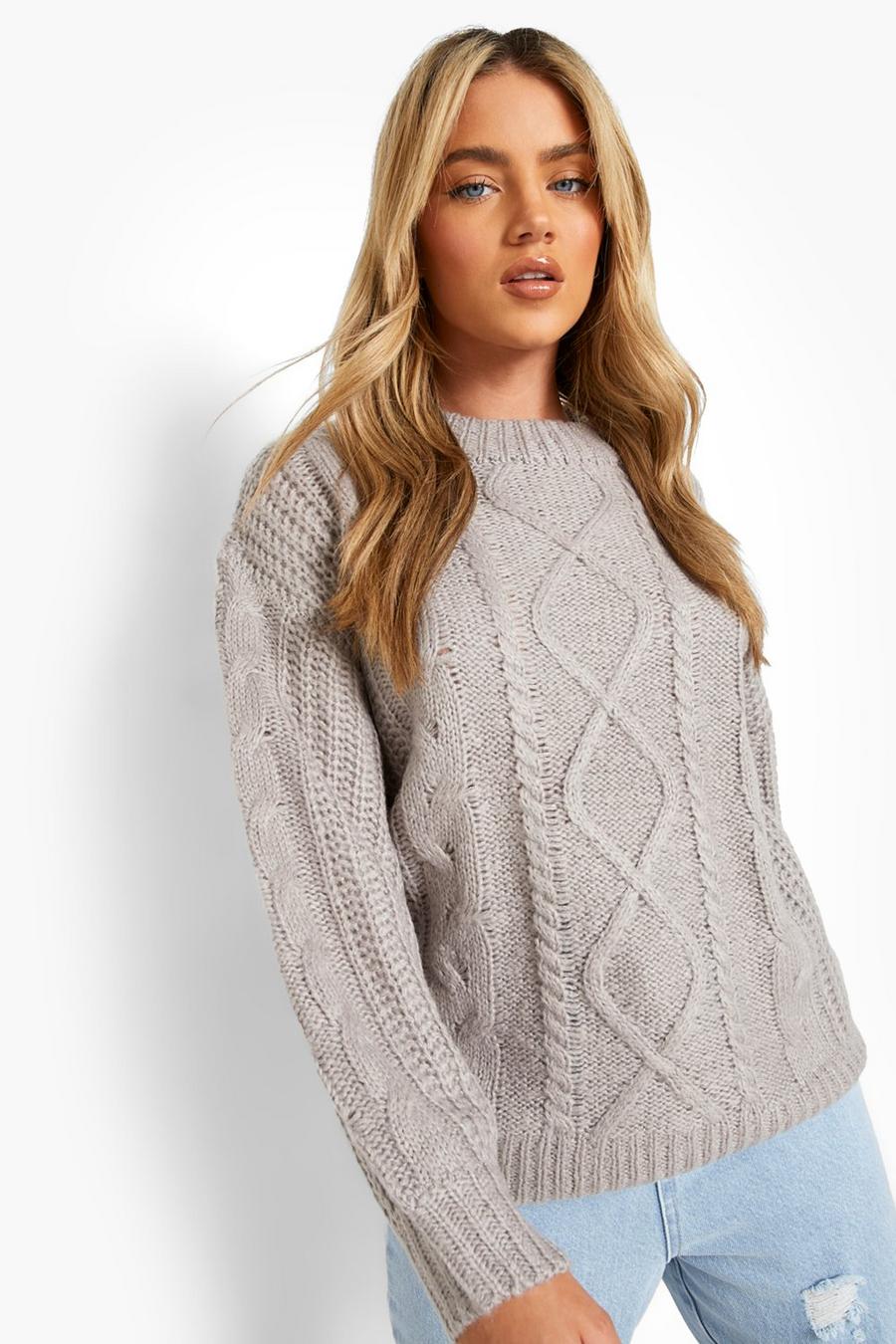 Grey Chunky Cable Knit Sweater image number 1