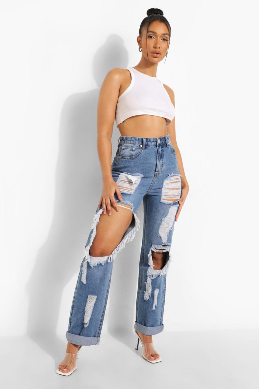 Mid blue Extreme Distressed Turn Up Boyfriend Jeans image number 1