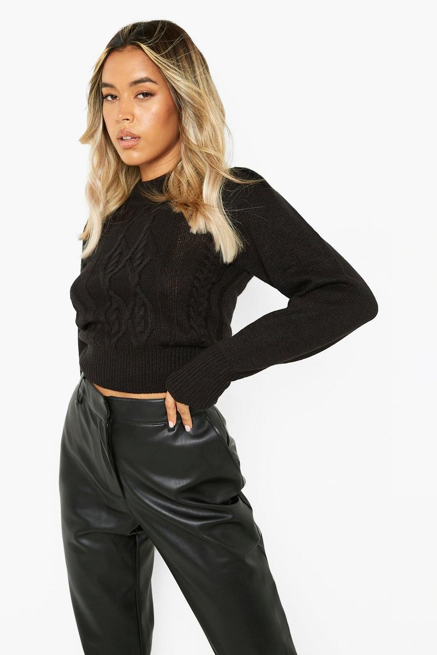 Black Cable Knit Puff Sleeve Crop Jumper image number 1