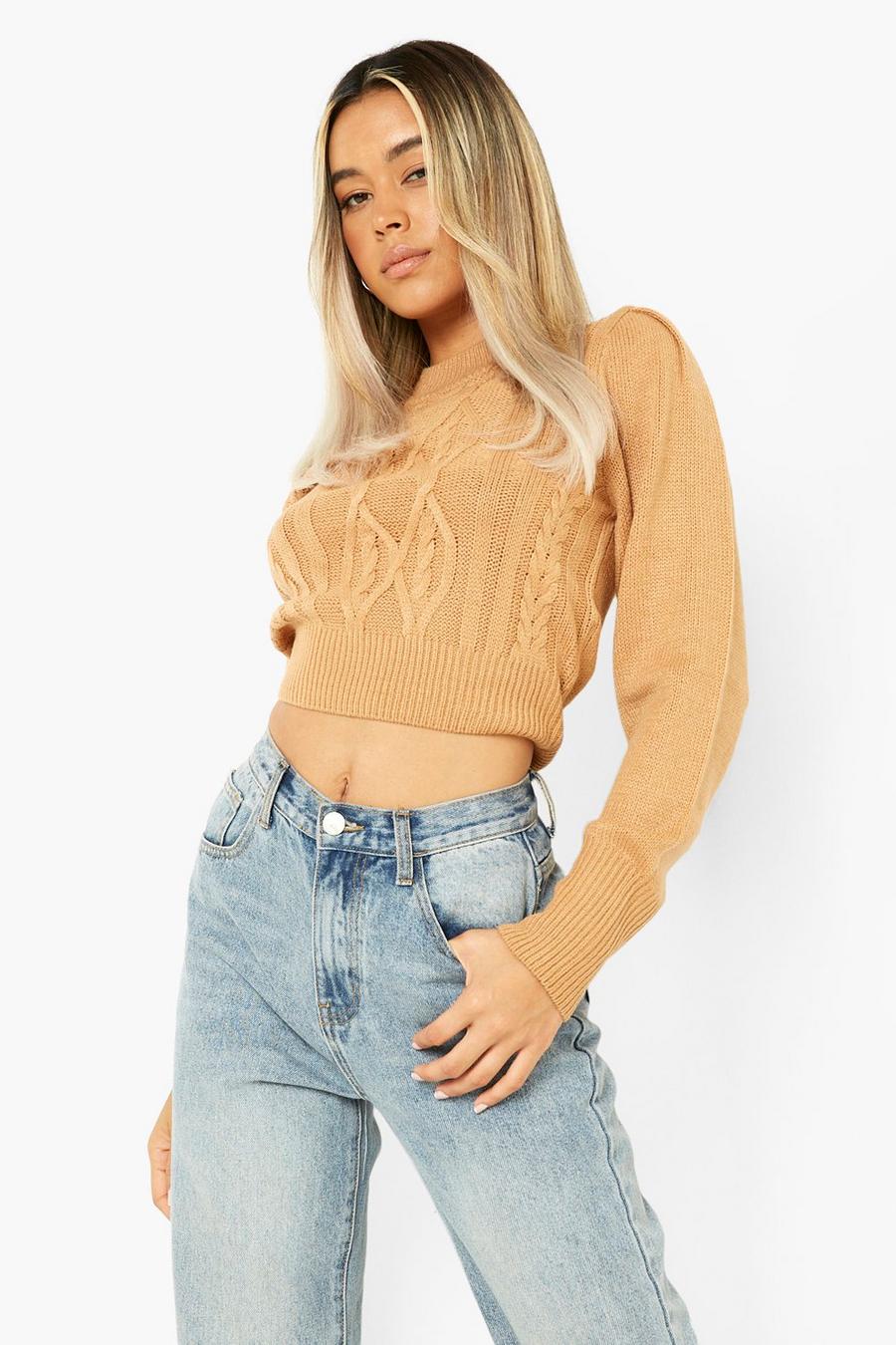 Camel Cable Knit Puff Sleeve Crop Sweater image number 1