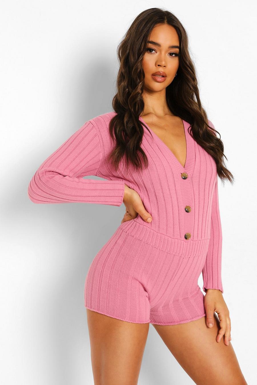 Dusky pink Rib Knit Button Through Playsuit image number 1