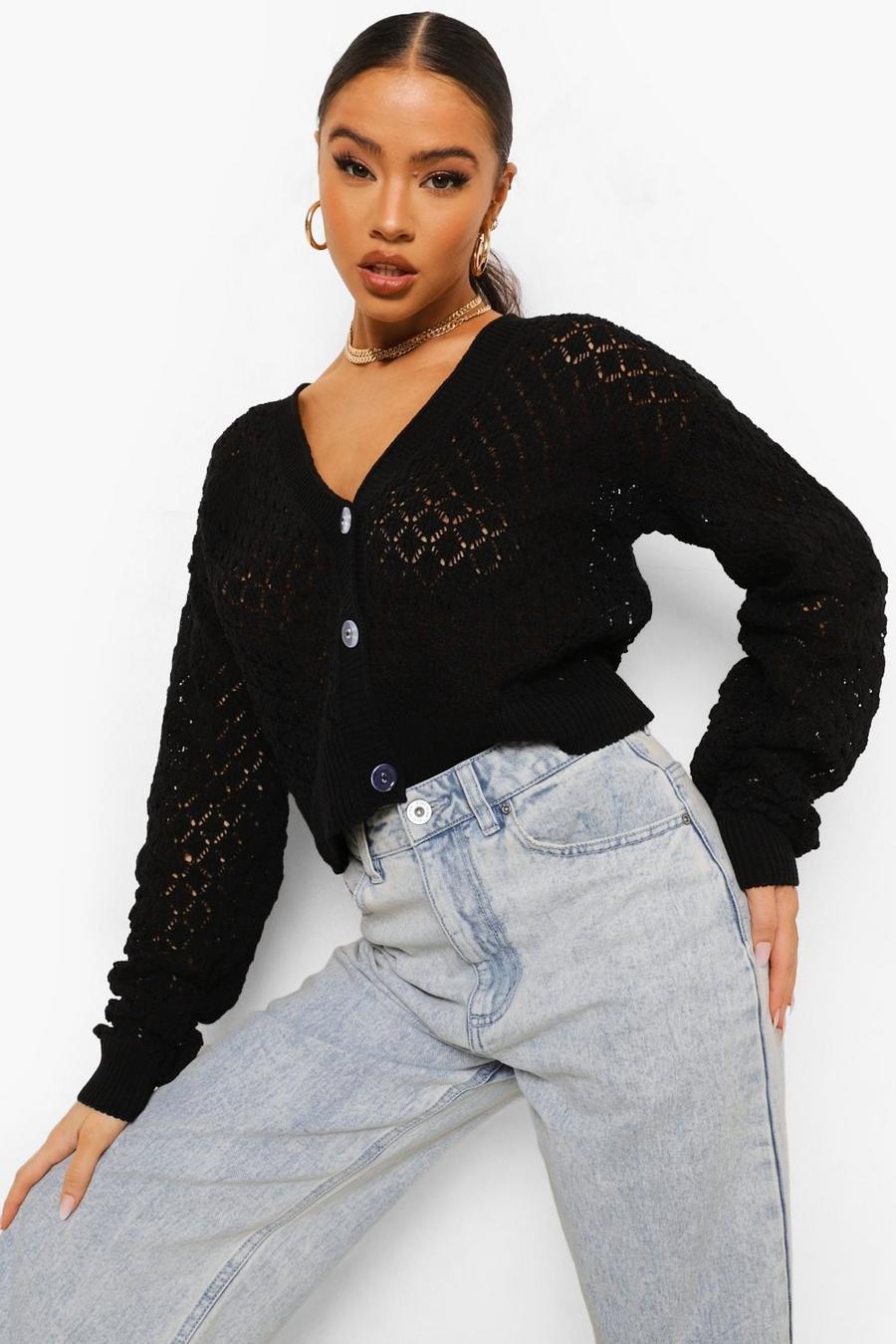 Black Knitted Pointelle Cropped Cardigan image number 1