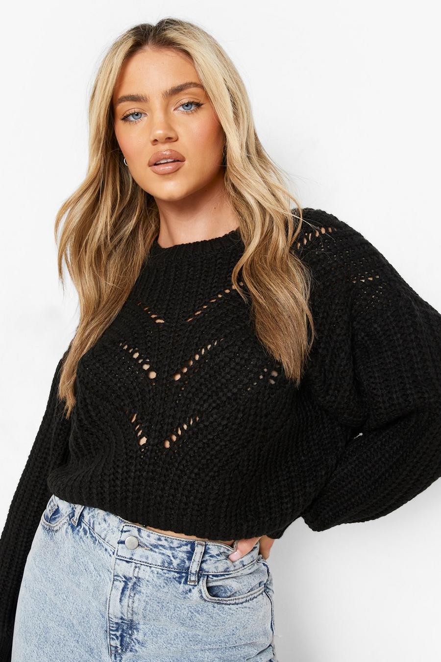 Black Pointelle Stitch Chunky Crop Jumper image number 1