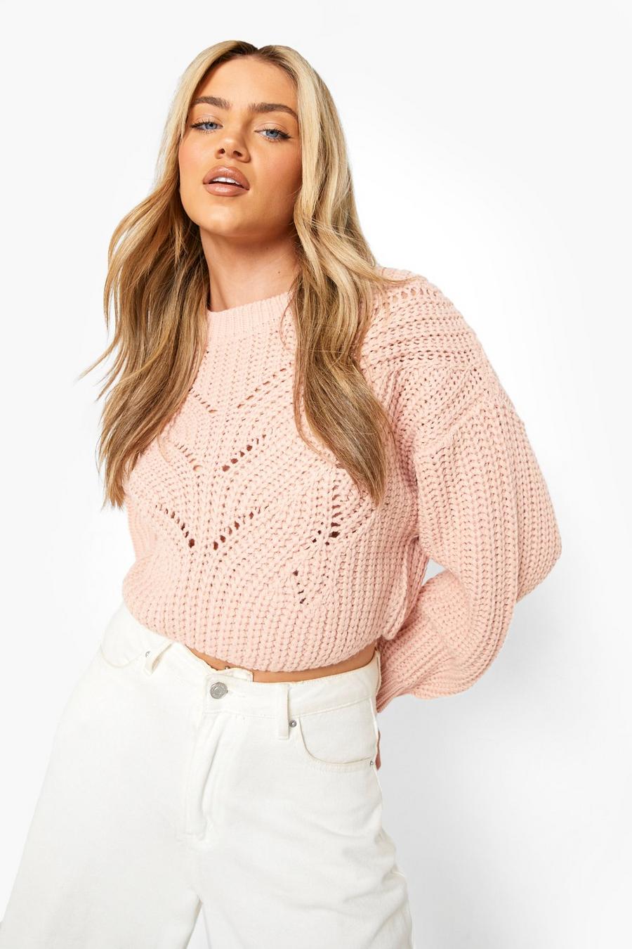Pink Pointelle Stitch Chunky Crop Jumper image number 1