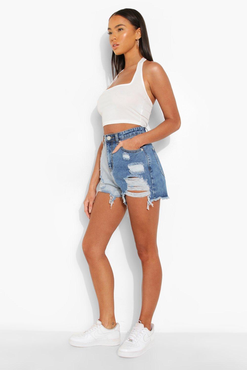 Side Split Distressed Denim Mom Shorts