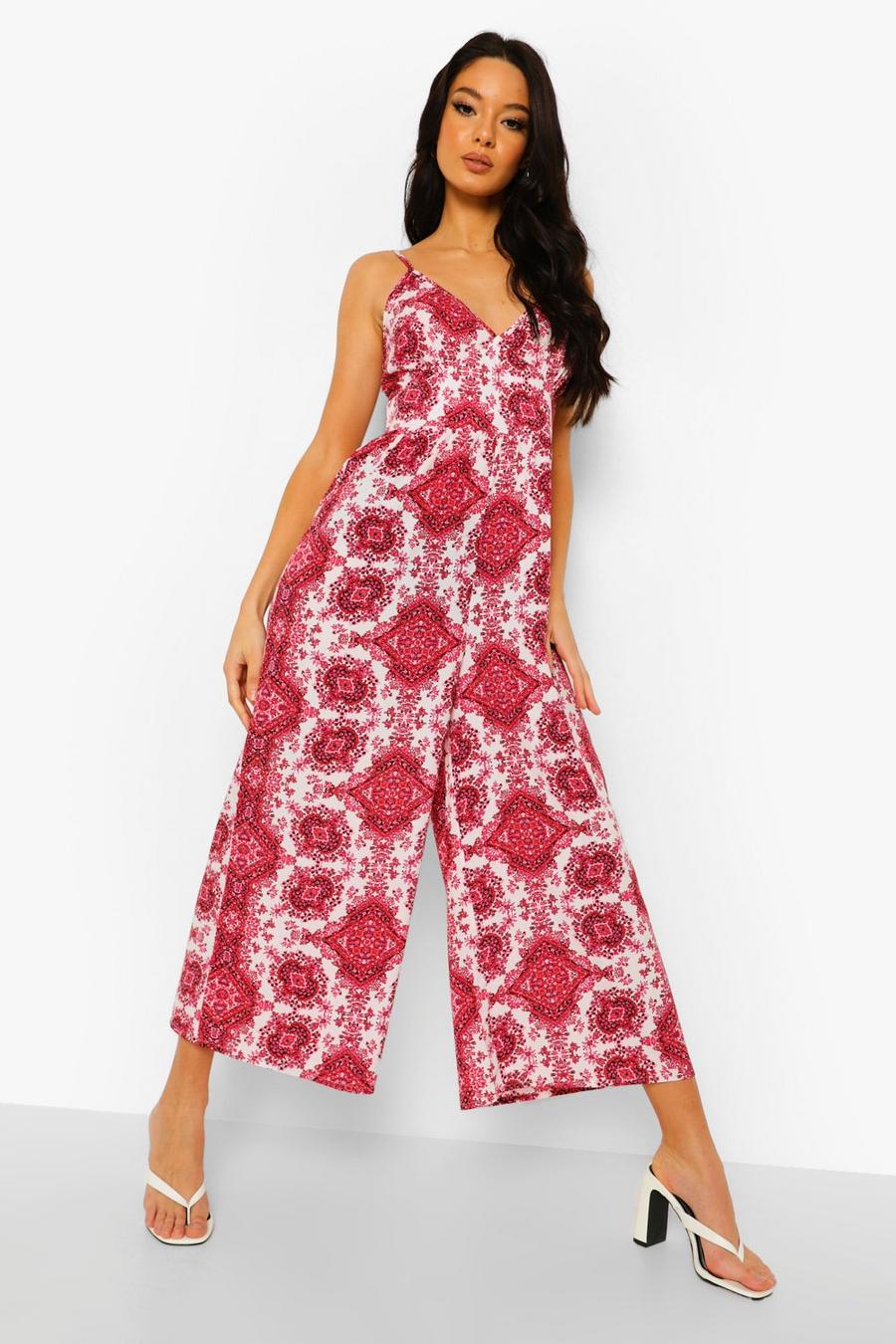Red Tie Strap Paisley Print Culotte Jumpsuit image number 1