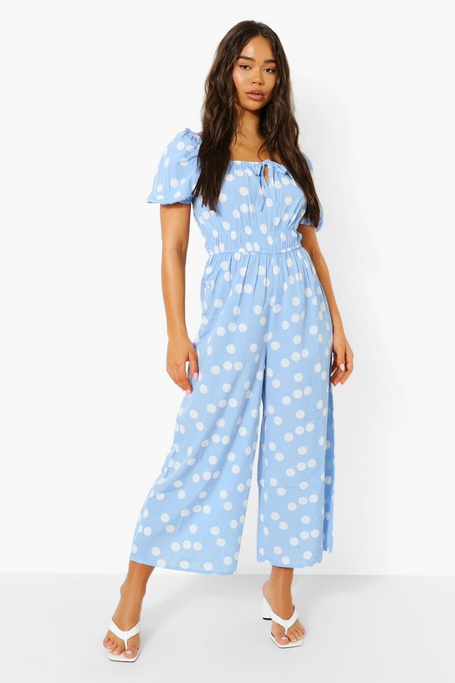 Blue Polka Tie Front Puff Sleeve Culotte Jumpsuit image number 1