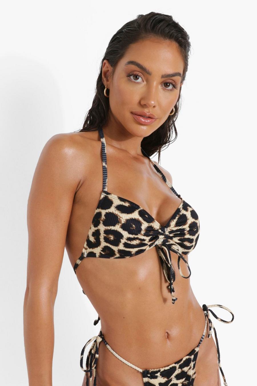 Brown Leopard Ribbed Ruched Tie Front Bikini Top image number 1