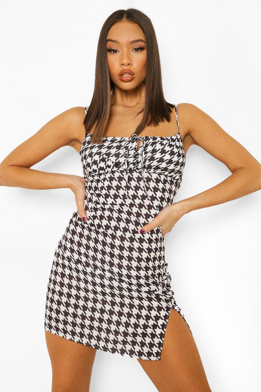Black Dogtooth Tie Front Mini Dress image number 1