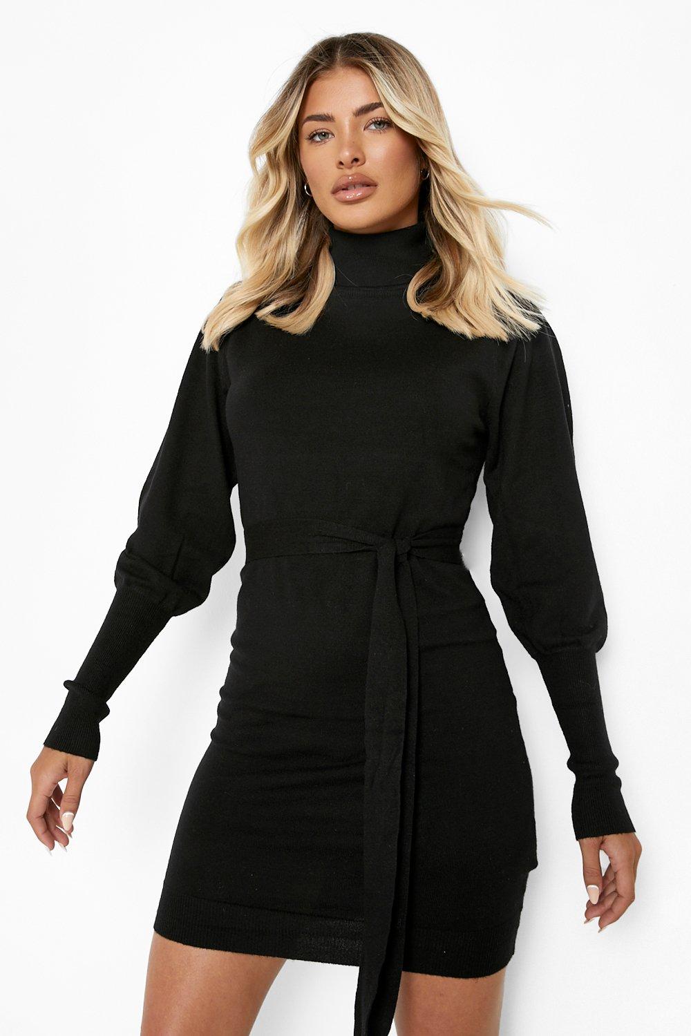 Balloon Sleeve Belted Sweater Dress